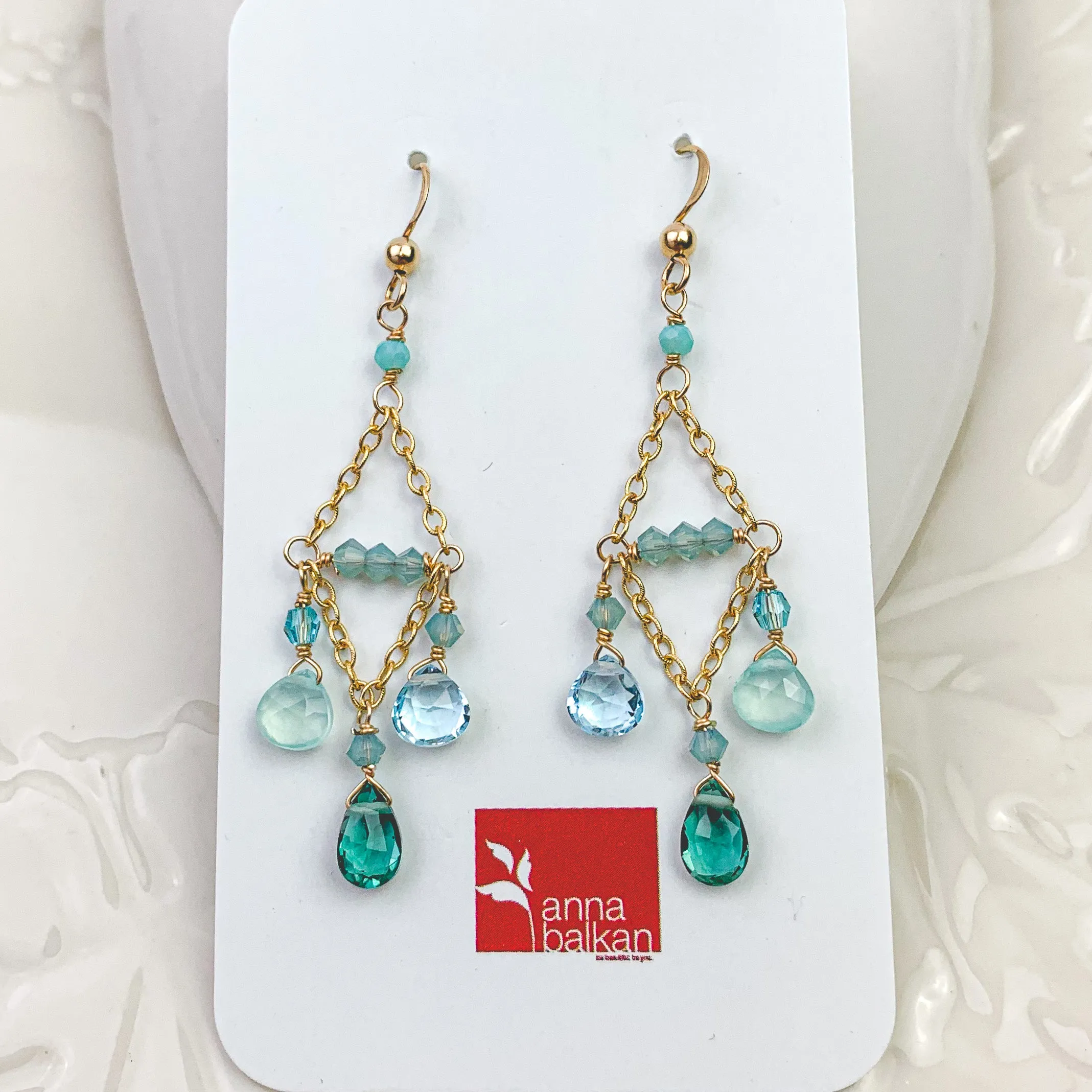 “Coastal Cascade” Chandelier Earrings with Topaz, Chalcedony & Emerald Quartz