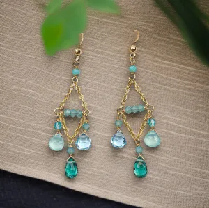 “Coastal Cascade” Chandelier Earrings with Topaz, Chalcedony & Emerald Quartz