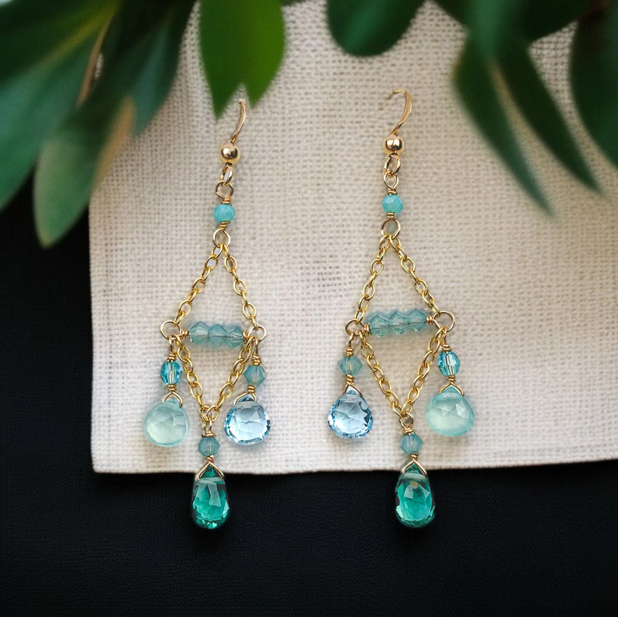 “Coastal Cascade” Chandelier Earrings with Topaz, Chalcedony & Emerald Quartz