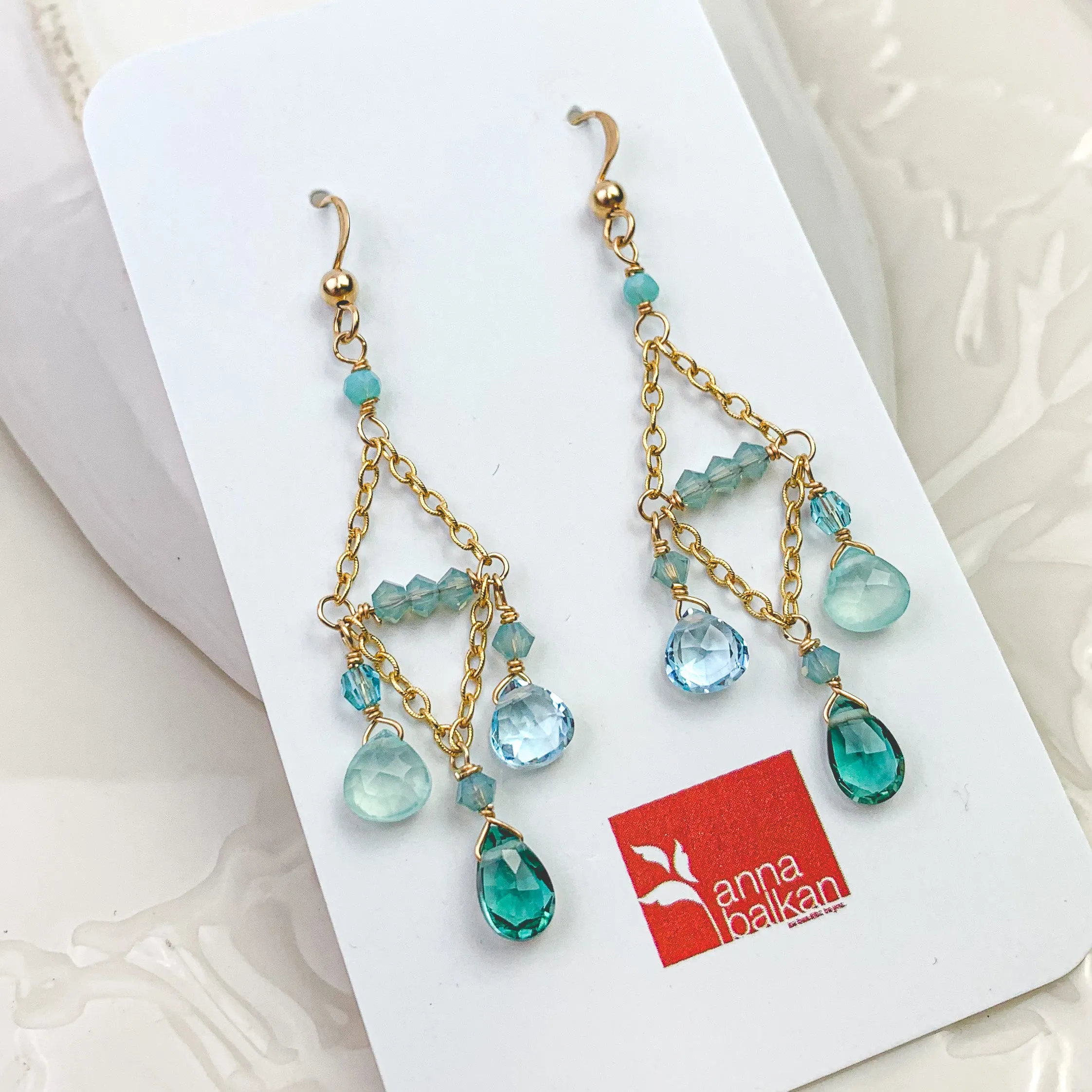 “Coastal Cascade” Chandelier Earrings with Topaz, Chalcedony & Emerald Quartz