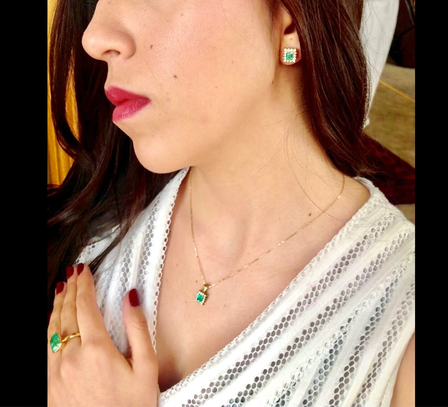 Colombian Emerald Diamond Necklace and Earrings Suite 18K