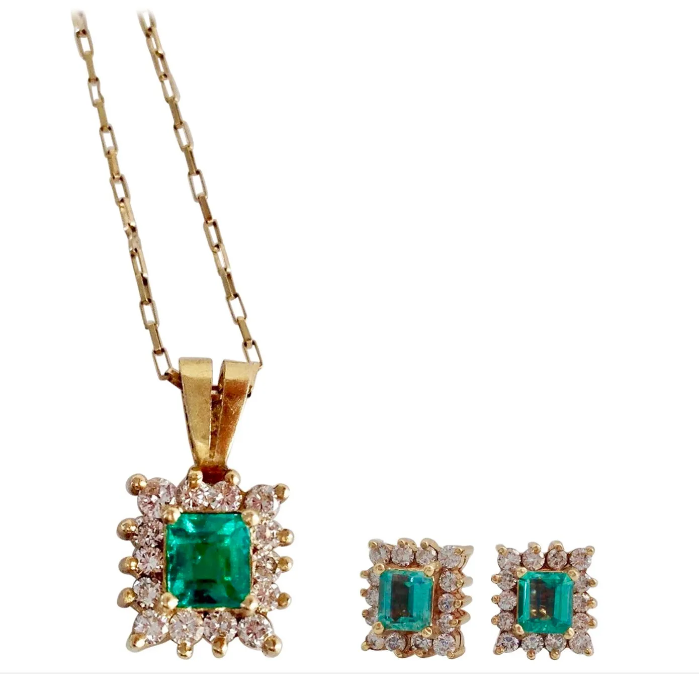 Colombian Emerald Diamond Necklace and Earrings Suite 18K