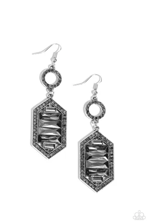 Combustible Craving - Silver - Hematite Rhinestone Hexagon Frame Paparazzi Fishhook Earrings