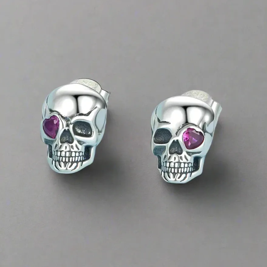 Cool Skull Pink Heart-shaped Diamond Stud Earrings