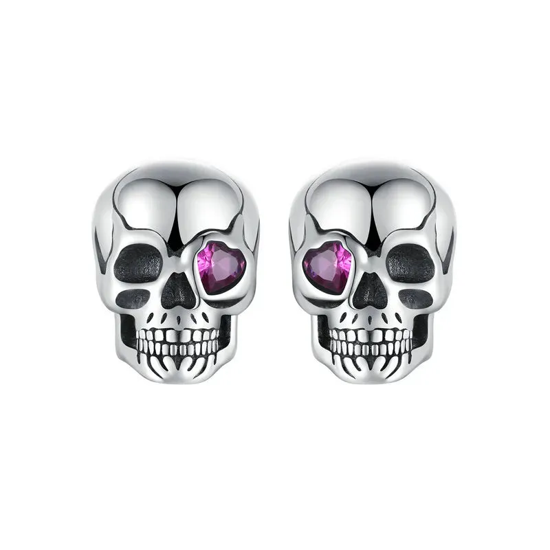 Cool Skull Pink Heart-shaped Diamond Stud Earrings