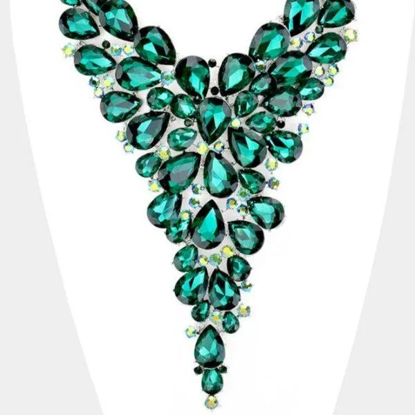 Crystal Teardrop Emerald Green Cluster Vine Necklace Set