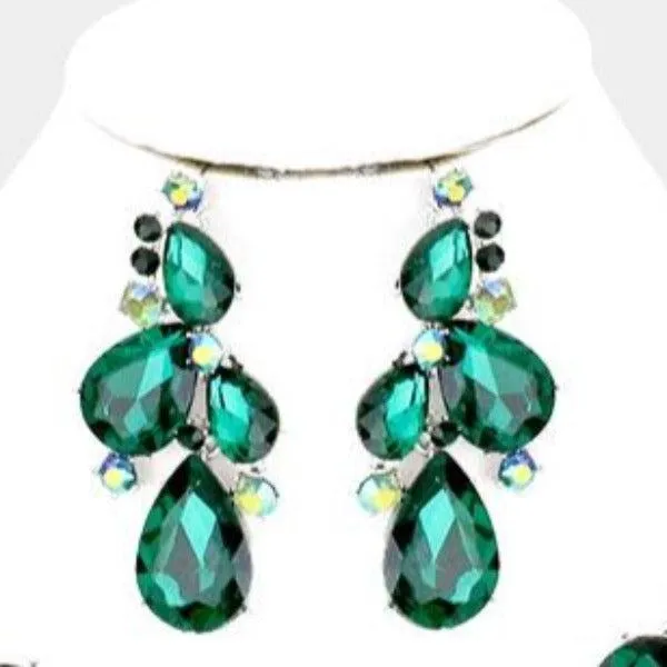 Crystal Teardrop Emerald Green Cluster Vine Necklace Set