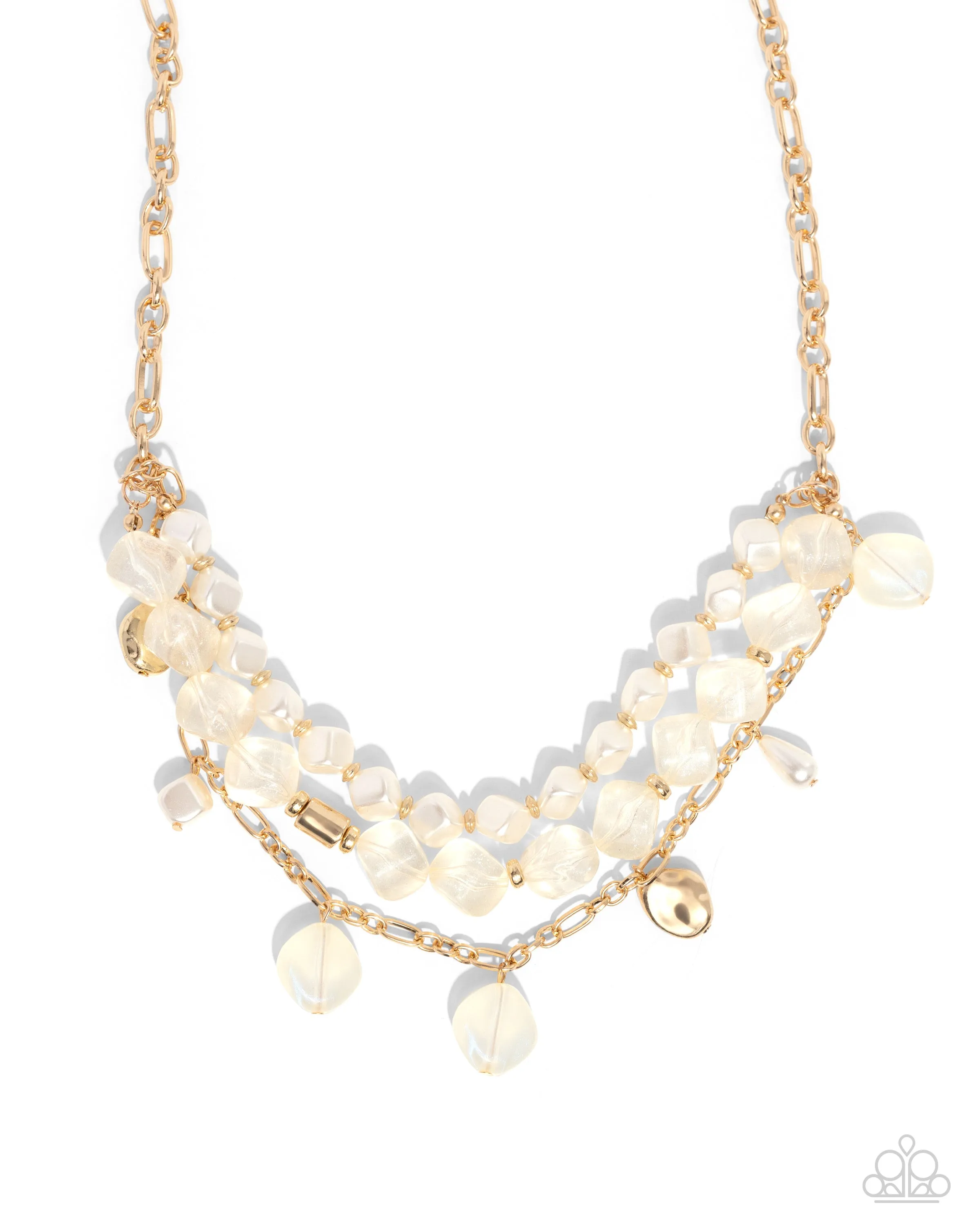 Cubed Cameo - Gold - Cubed White Pearl and Glittery Acrylic Paparazzi Tiered Necklace