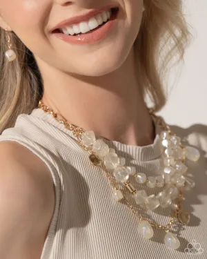 Cubed Cameo - Gold - Cubed White Pearl and Glittery Acrylic Paparazzi Tiered Necklace