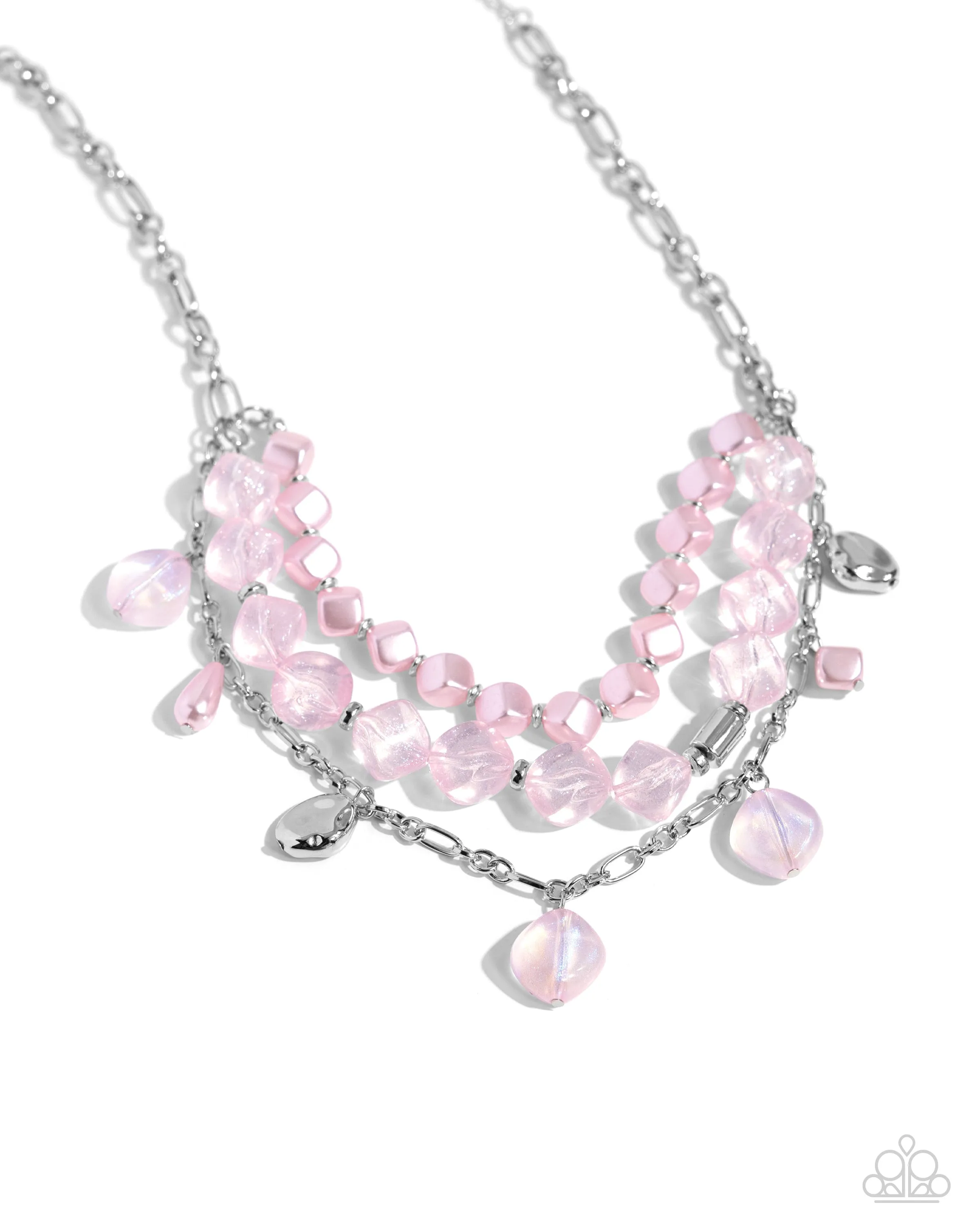 Cubed Cameo - Pink - Cubed Pearl and Glittery Bead Tiered Paparazzi Short Necklace