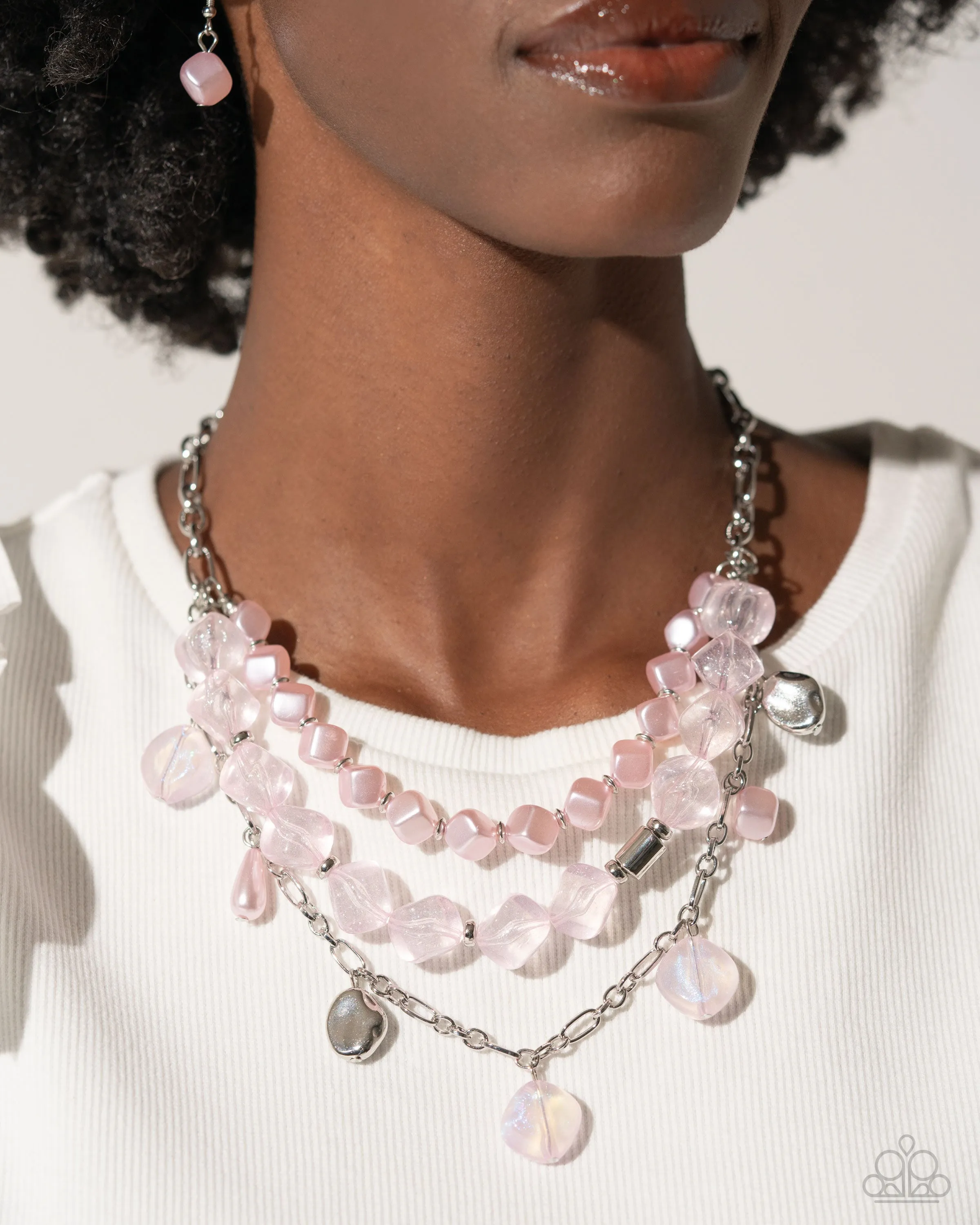 Cubed Cameo - Pink - Cubed Pearl and Glittery Bead Tiered Paparazzi Short Necklace
