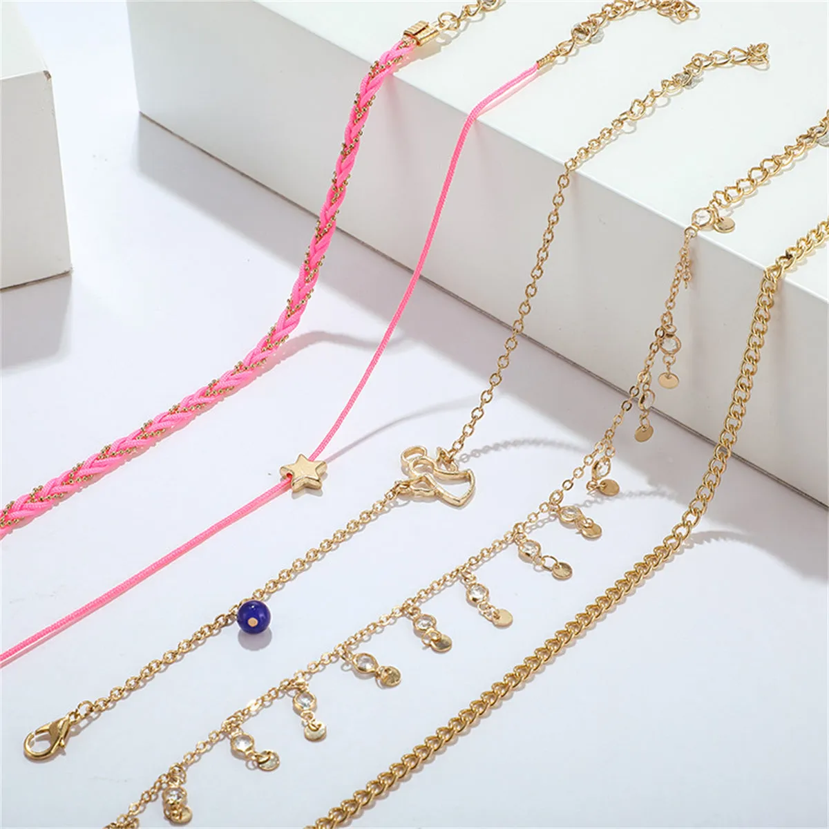 Cubic Zirconia & 18K Gold-Plated Angel Charm Anklet Set
