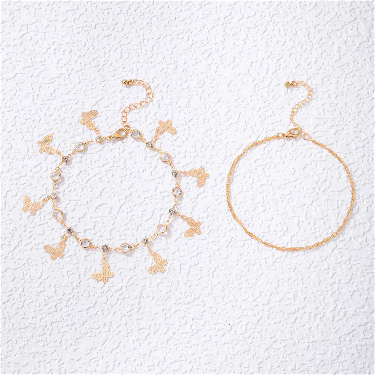 Cubic Zirconia & 18K Gold-Plated Butterfly Openwork Charm Anklet Set