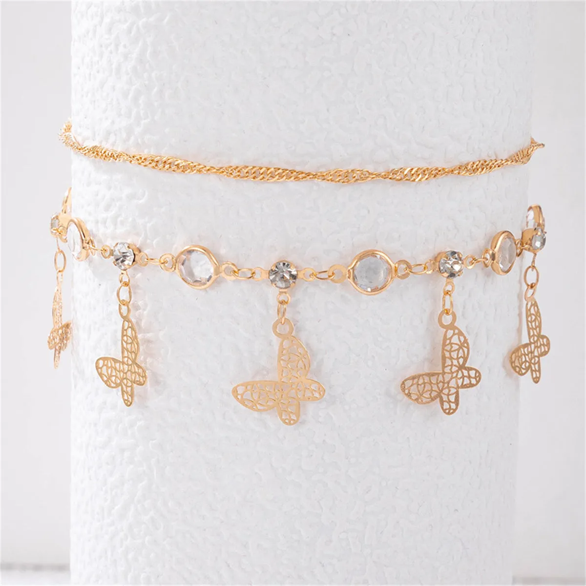 Cubic Zirconia & 18K Gold-Plated Butterfly Openwork Charm Anklet Set