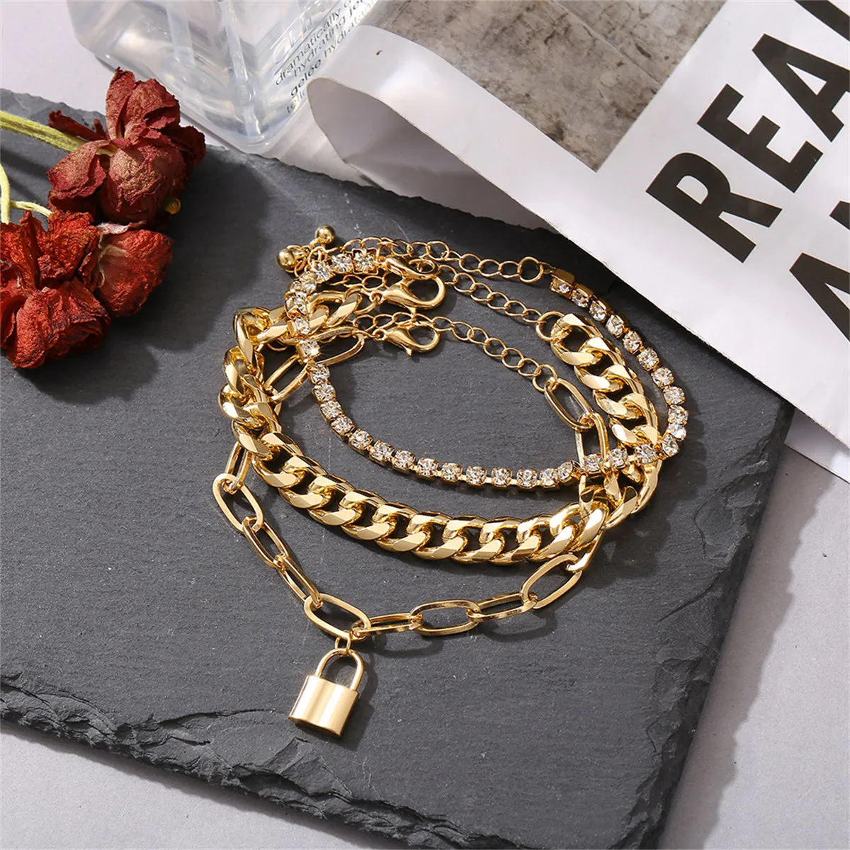 Cubic Zirconia & 18K Gold-Plated Cable Chain Lock Anklet Set