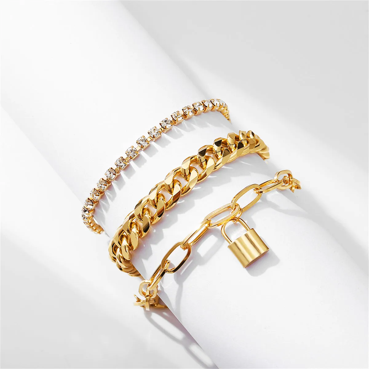 Cubic Zirconia & 18K Gold-Plated Cable Chain Lock Anklet Set