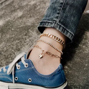 Cubic Zirconia & 18K Gold-Plated Cable Chain Lock Anklet Set