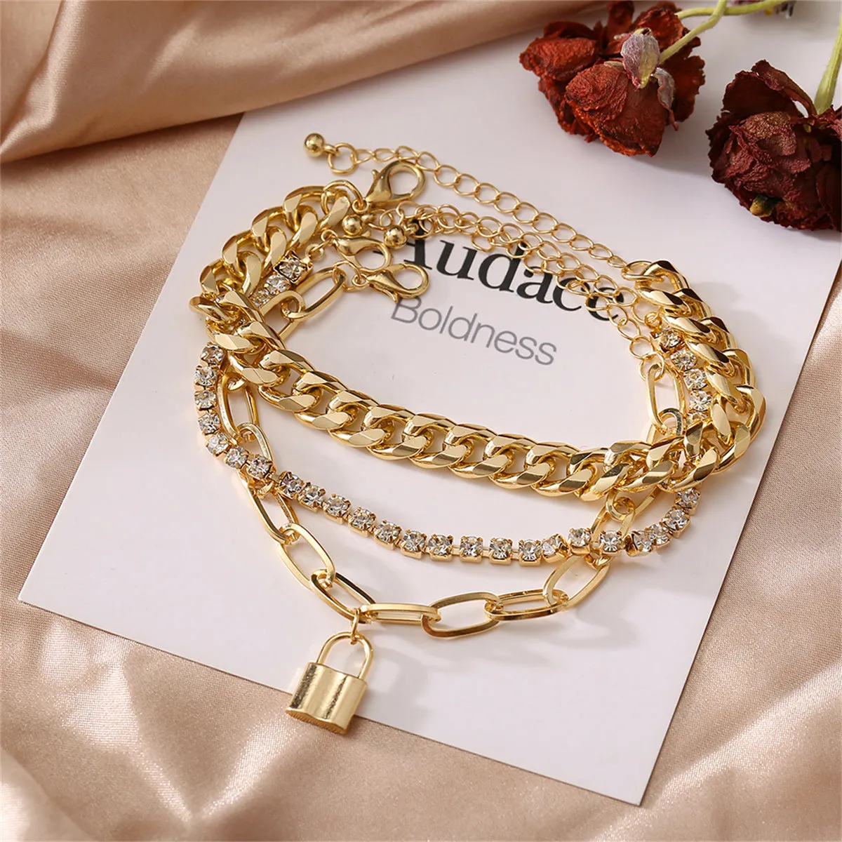 Cubic Zirconia & 18K Gold-Plated Cable Chain Lock Anklet Set