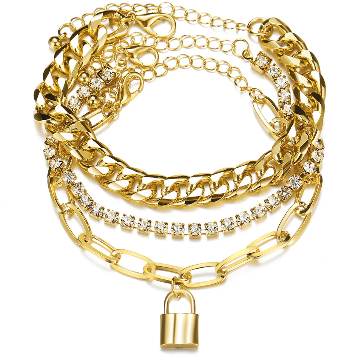 Cubic Zirconia & 18K Gold-Plated Cable Chain Lock Anklet Set
