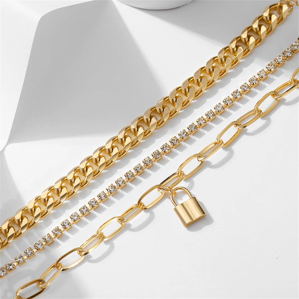 Cubic Zirconia & 18K Gold-Plated Cable Chain Lock Anklet Set