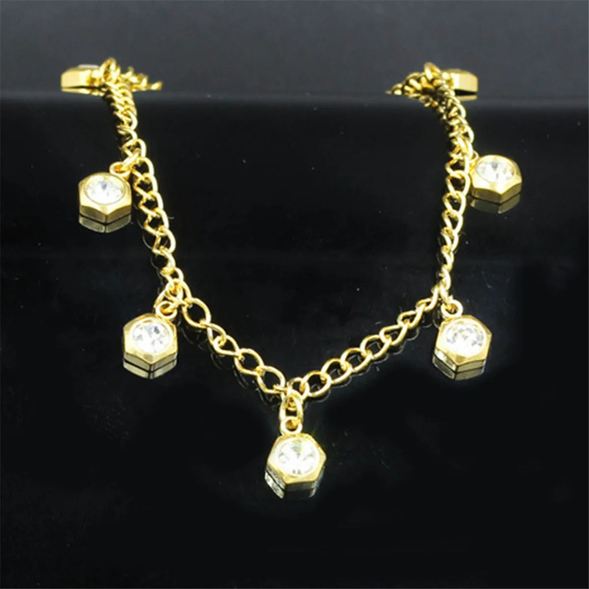 Cubic Zirconia & 18K Gold-Plated Hexagon Charm Anklet