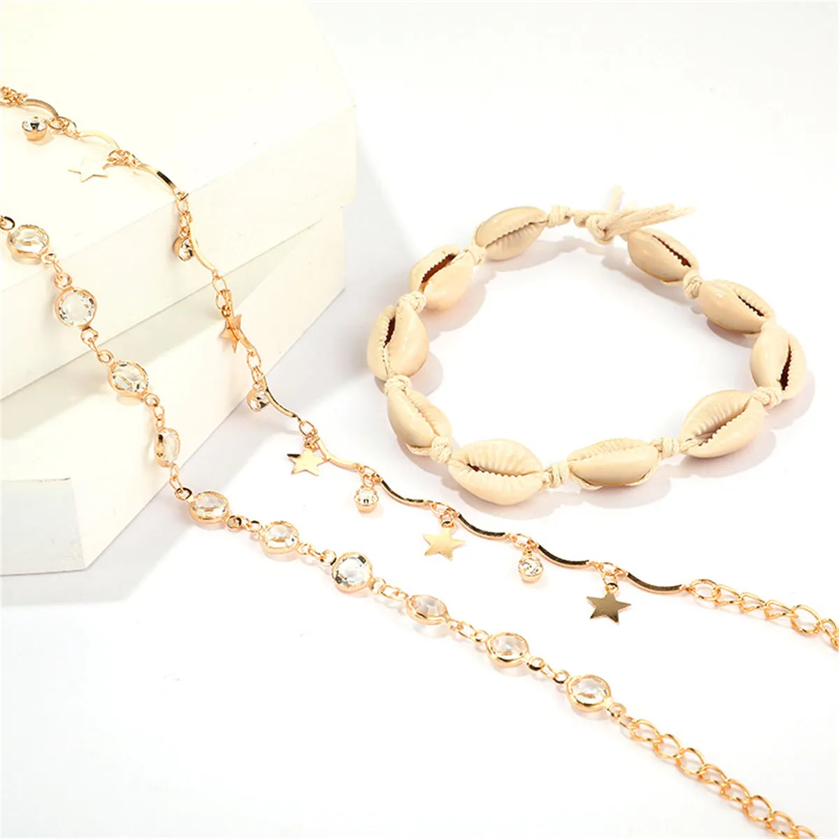 Cubic Zirconia & 18K Gold-Plated Star Station Anklet Set