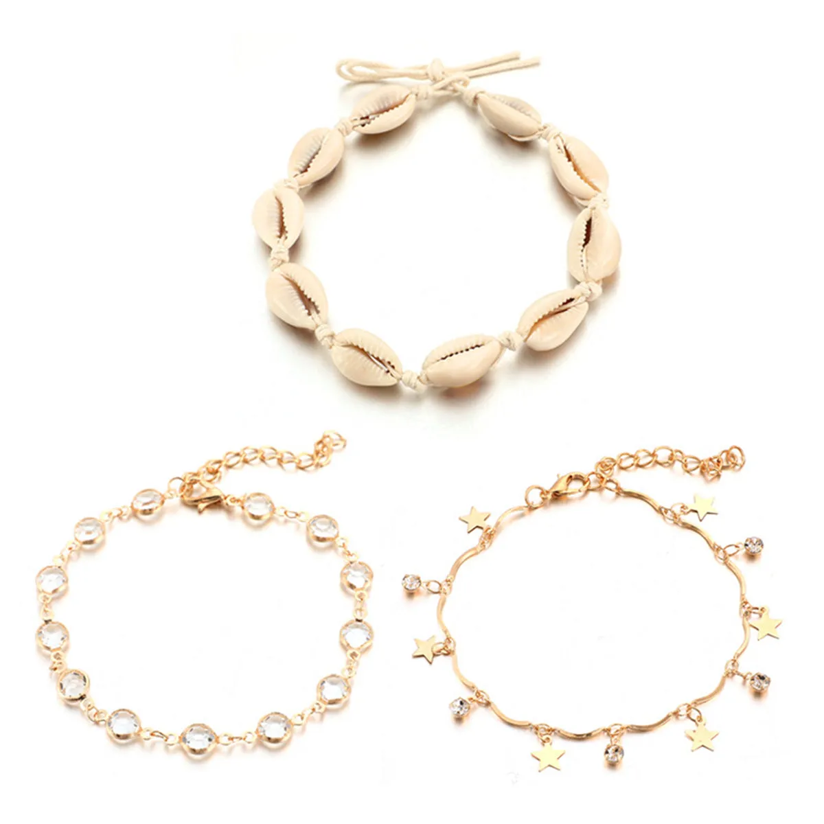 Cubic Zirconia & 18K Gold-Plated Star Station Anklet Set