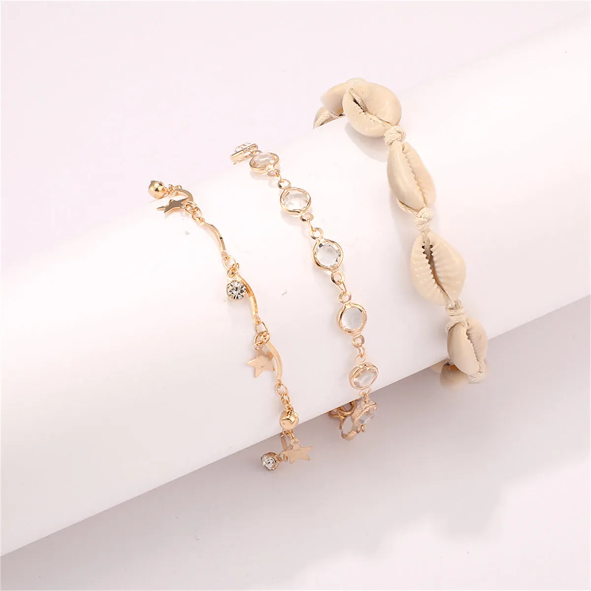 Cubic Zirconia & 18K Gold-Plated Star Station Anklet Set