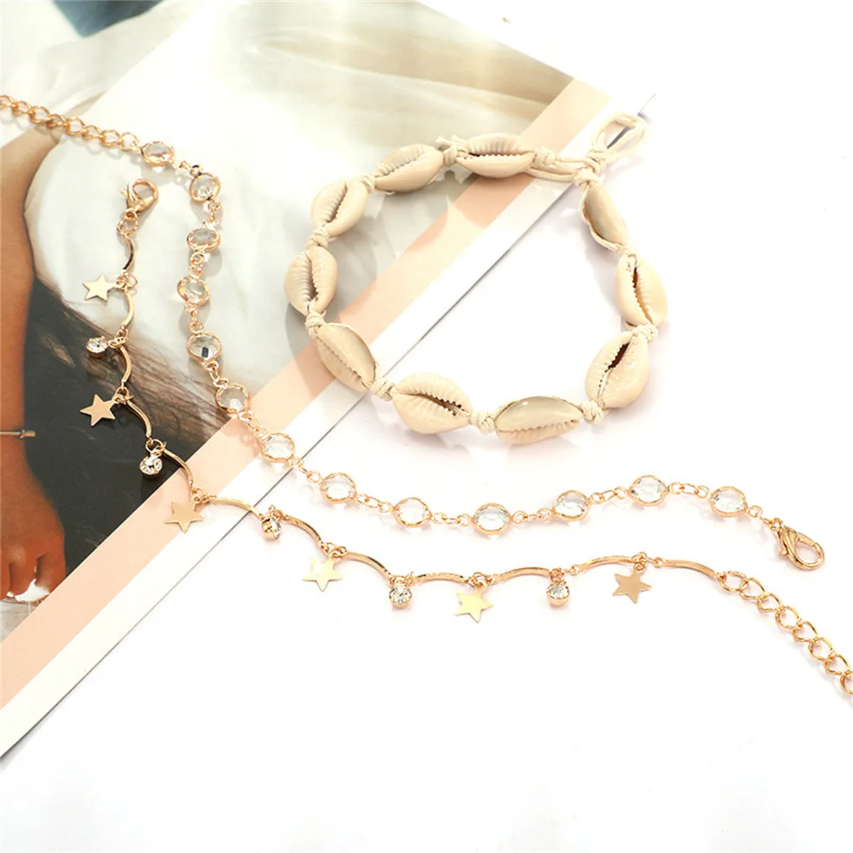 Cubic Zirconia & 18K Gold-Plated Star Station Anklet Set