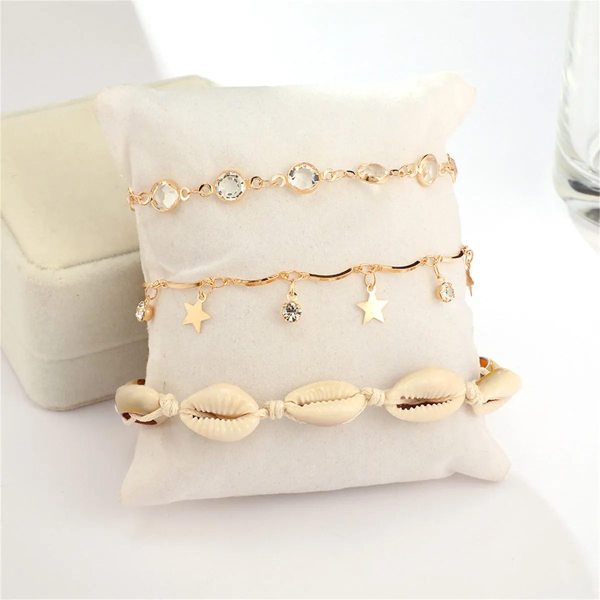 Cubic Zirconia & 18K Gold-Plated Star Station Anklet Set
