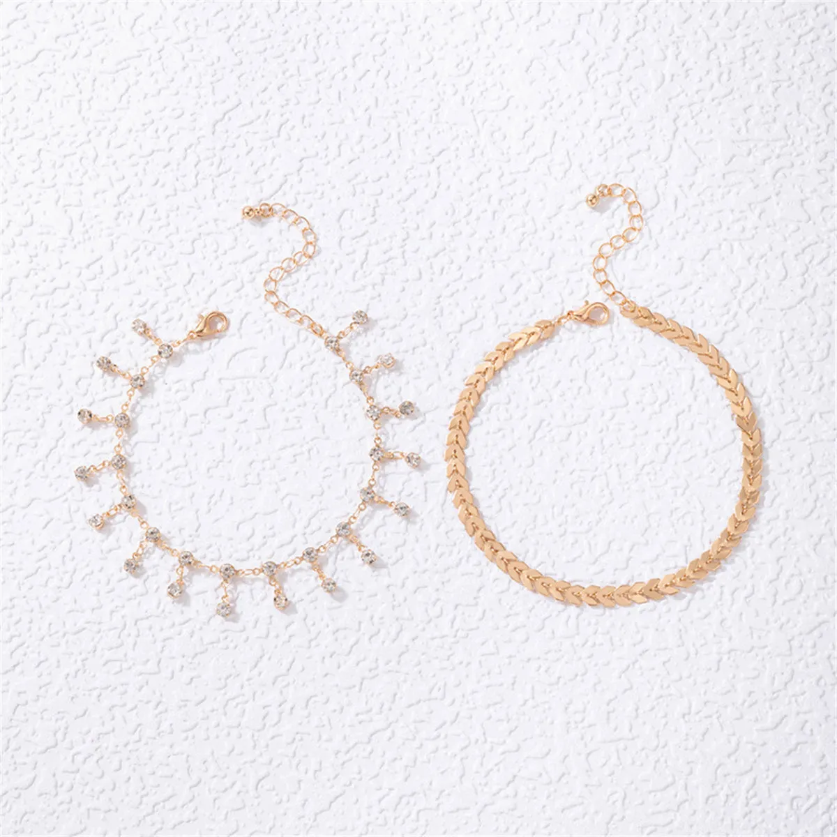 Cubic Zirconia & 18K Gold-Plated Wheat Anklet Set