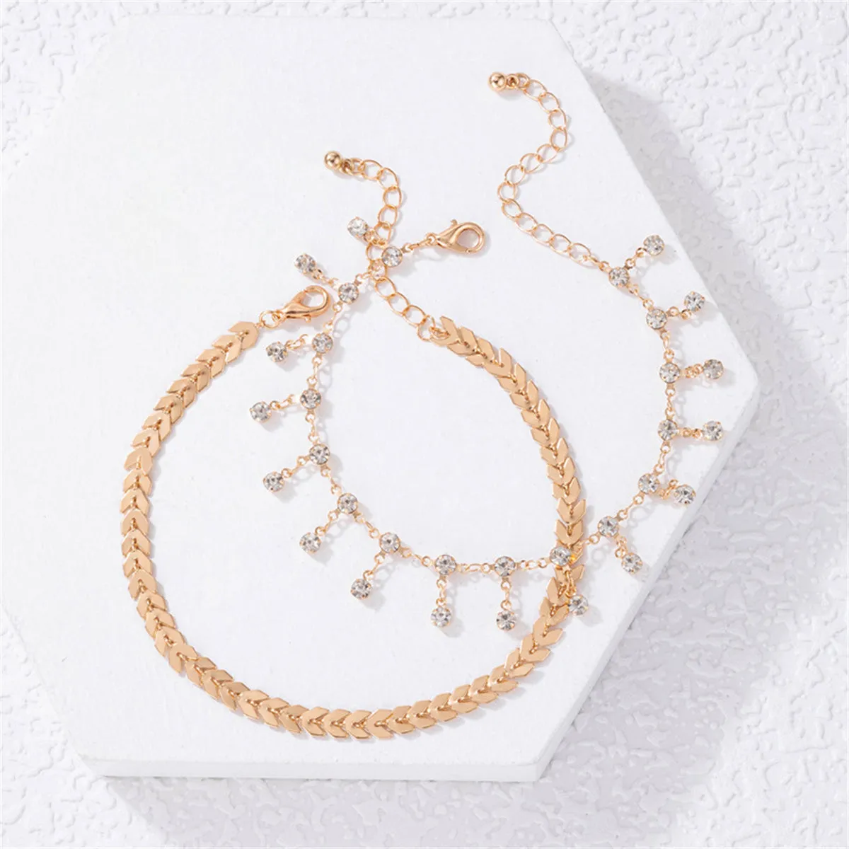Cubic Zirconia & 18K Gold-Plated Wheat Anklet Set
