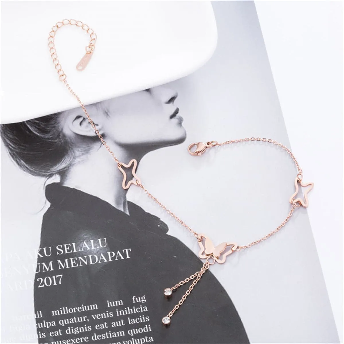 Cubic Zirconia & 18K Rose Gold-Plated Butterfly Charm Anklet