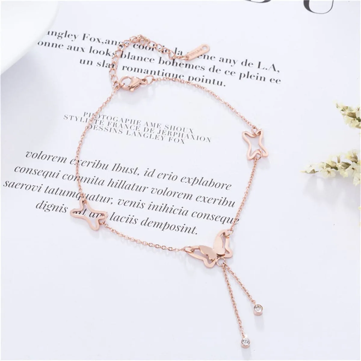 Cubic Zirconia & 18K Rose Gold-Plated Butterfly Charm Anklet