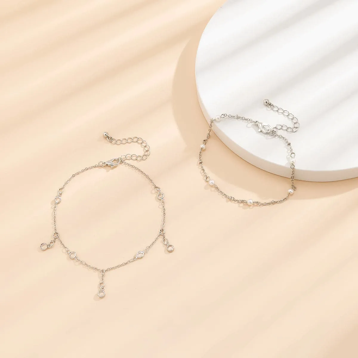Cubic Zirconia & Silver-Plated Charm Anklet Set