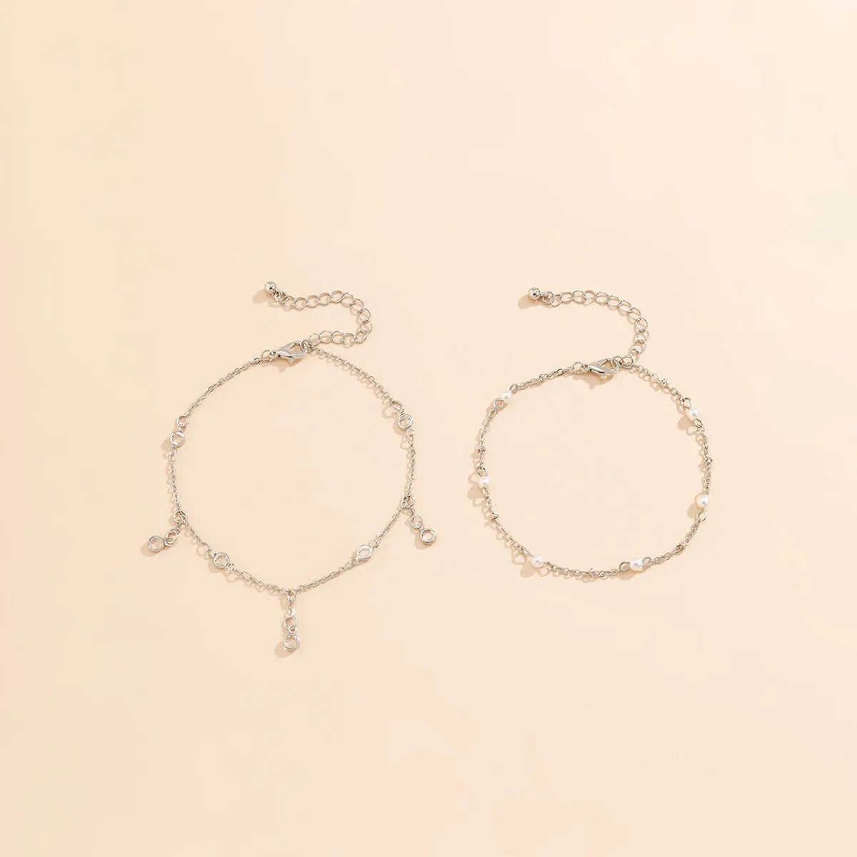 Cubic Zirconia & Silver-Plated Charm Anklet Set