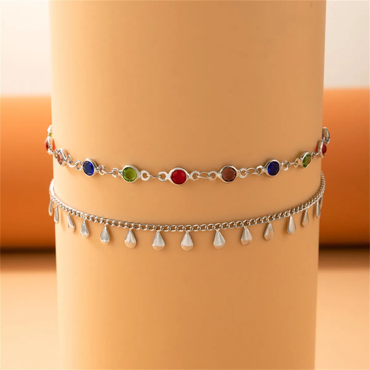 Cubic Zirconia & Silver-Plated Drop Station Anklet Set