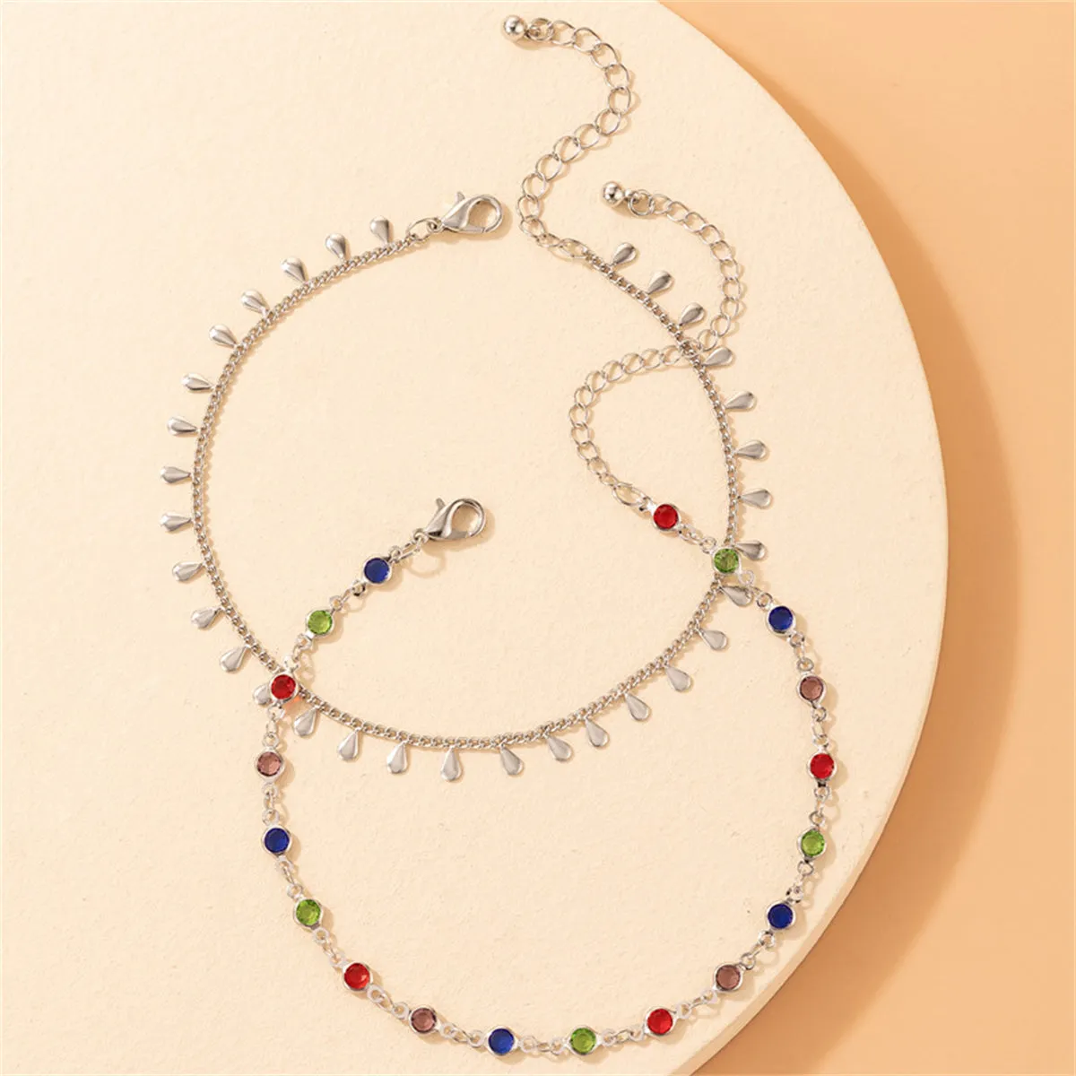 Cubic Zirconia & Silver-Plated Drop Station Anklet Set