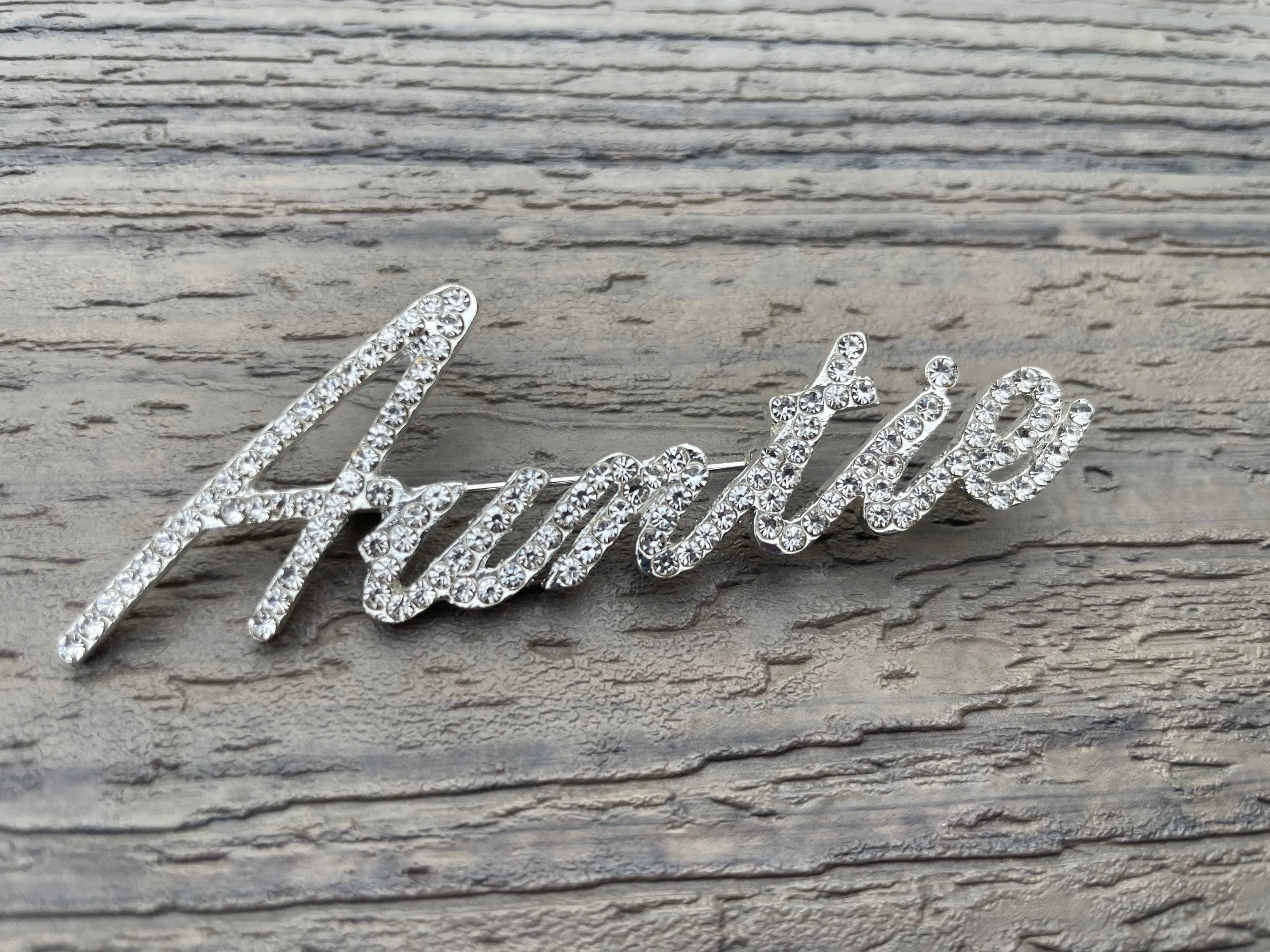 Custom script Auntie Aunt Mothers Day Birthday Gift New jewelry brooch rhinestone pin 3”