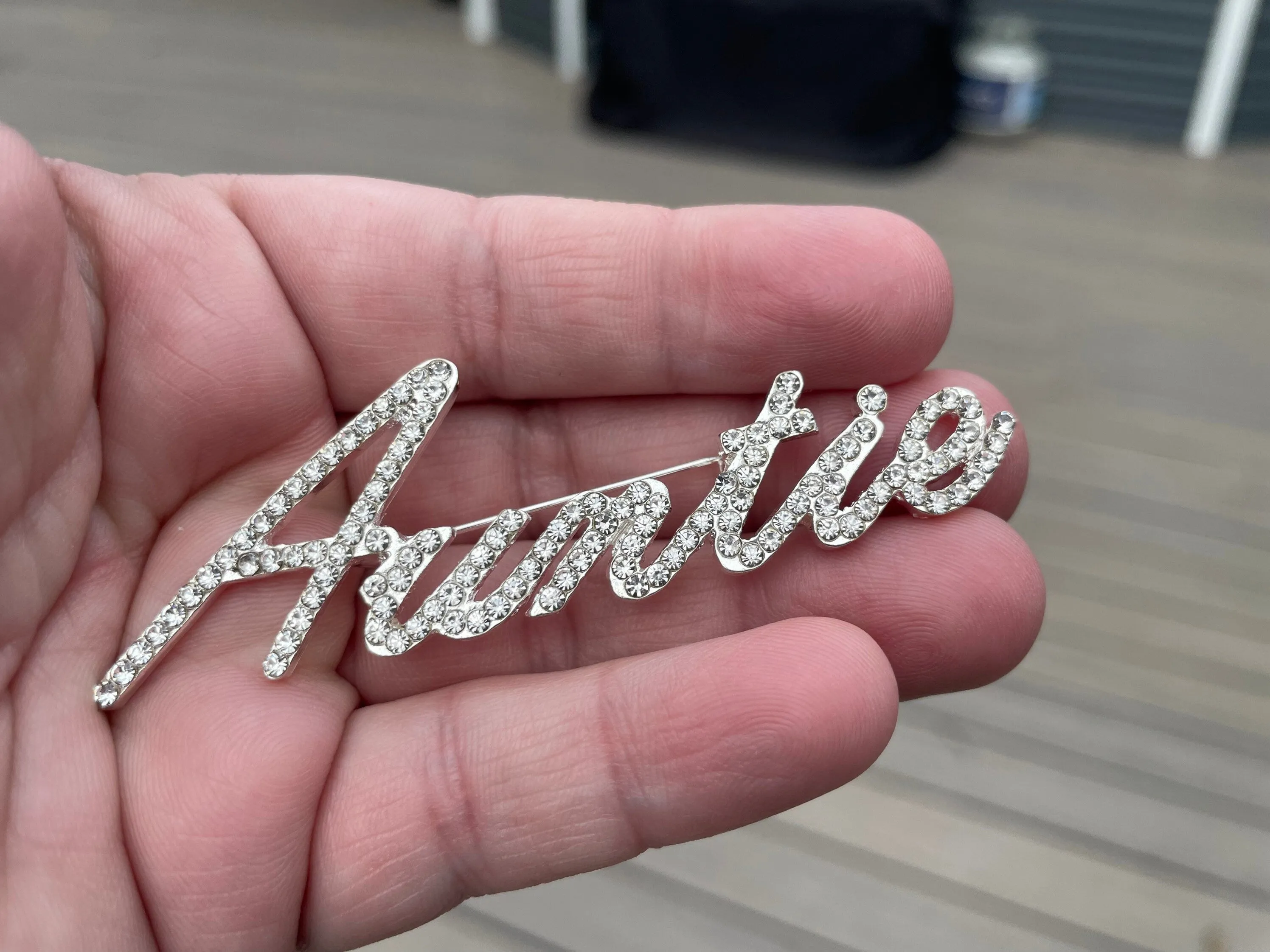 Custom script Auntie Aunt Mothers Day Birthday Gift New jewelry brooch rhinestone pin 3”