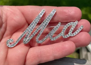 Custom script Mia rhinestone brooch pin NEW 3” Jewelry gift with velvet pouch