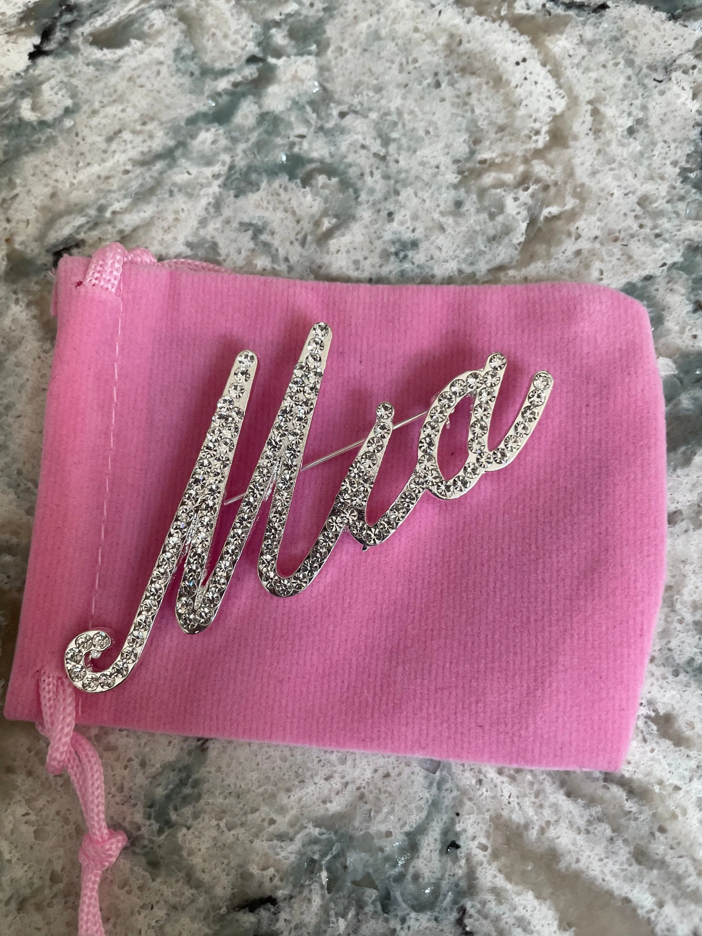 Custom script Mia rhinestone brooch pin NEW 3” Jewelry gift with velvet pouch