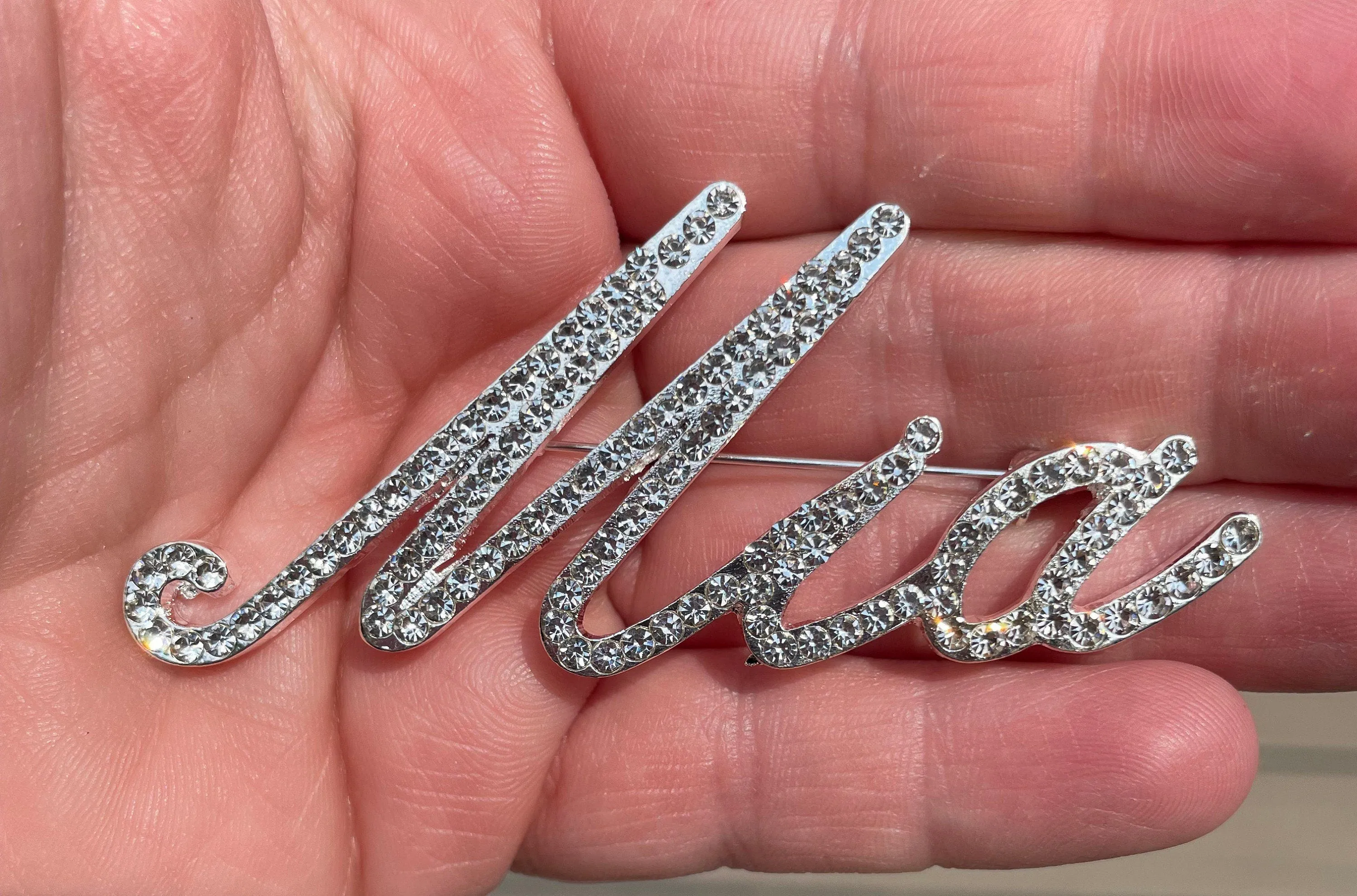 Custom script Mia rhinestone brooch pin NEW 3” Jewelry gift with velvet pouch
