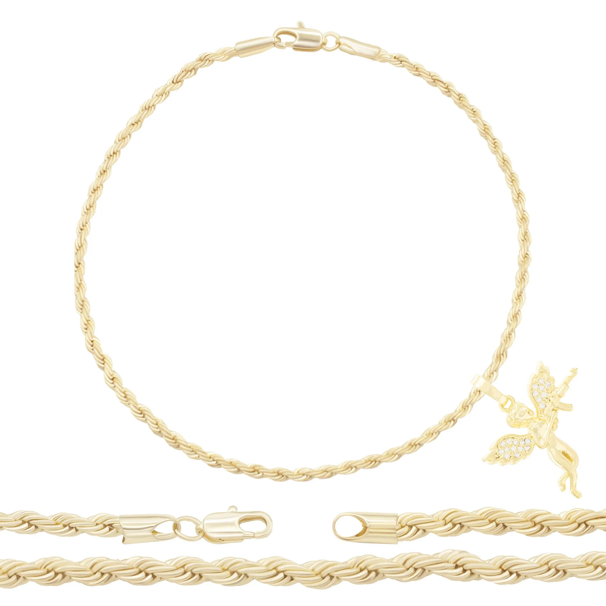 CZ Angel With Gun Pendant 14K Anklet Bracelet Gold Filled Cubic Zirconia Charm Rope Foot Chain Set 10" Women Girl Teen