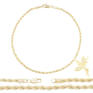 CZ Angel With Gun Pendant 14K Anklet Bracelet Gold Filled Cubic Zirconia Charm Rope Foot Chain Set 10" Women Girl Teen