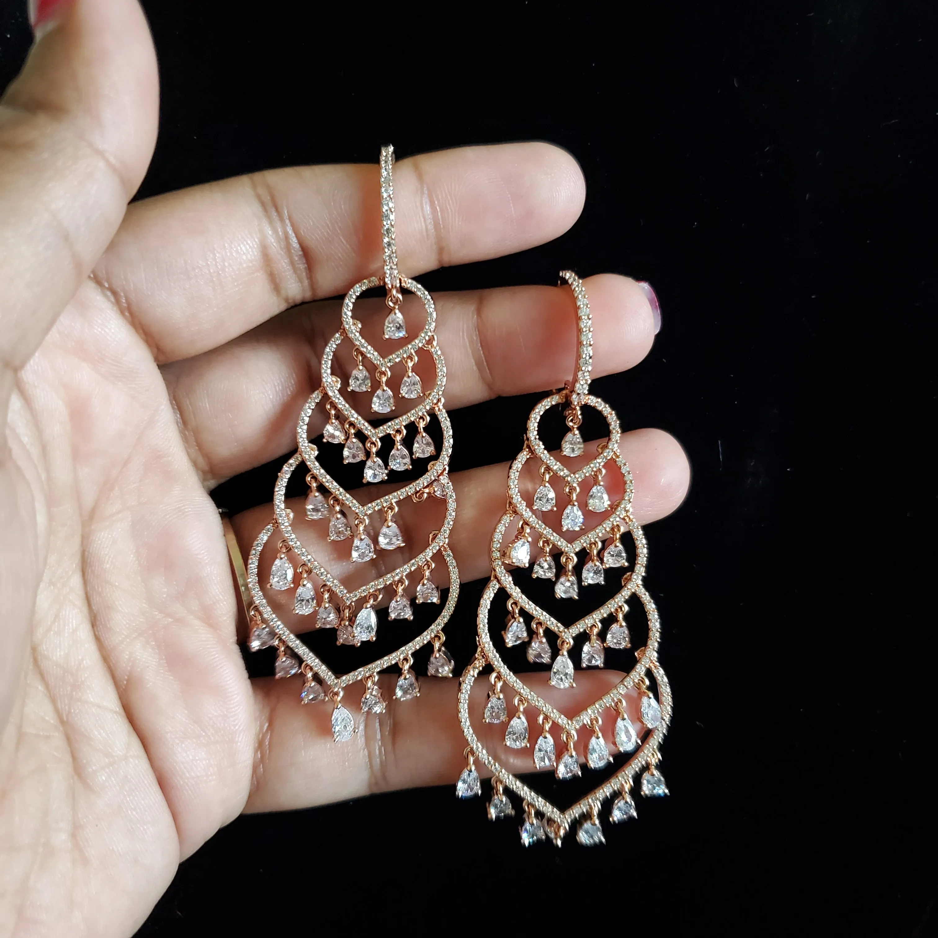 Cz Long Earring With Rose Gold Plating Hall