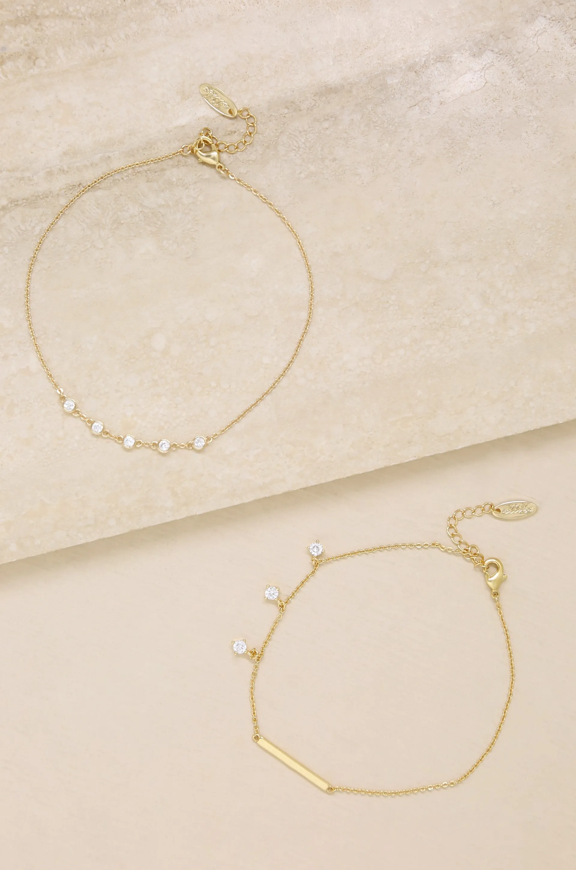 Dainty 18k Gold Plated Chain & Crystal Anklet Set of 2