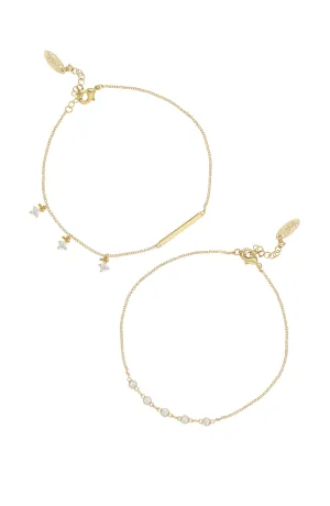 Dainty 18k Gold Plated Chain & Crystal Anklet Set of 2
