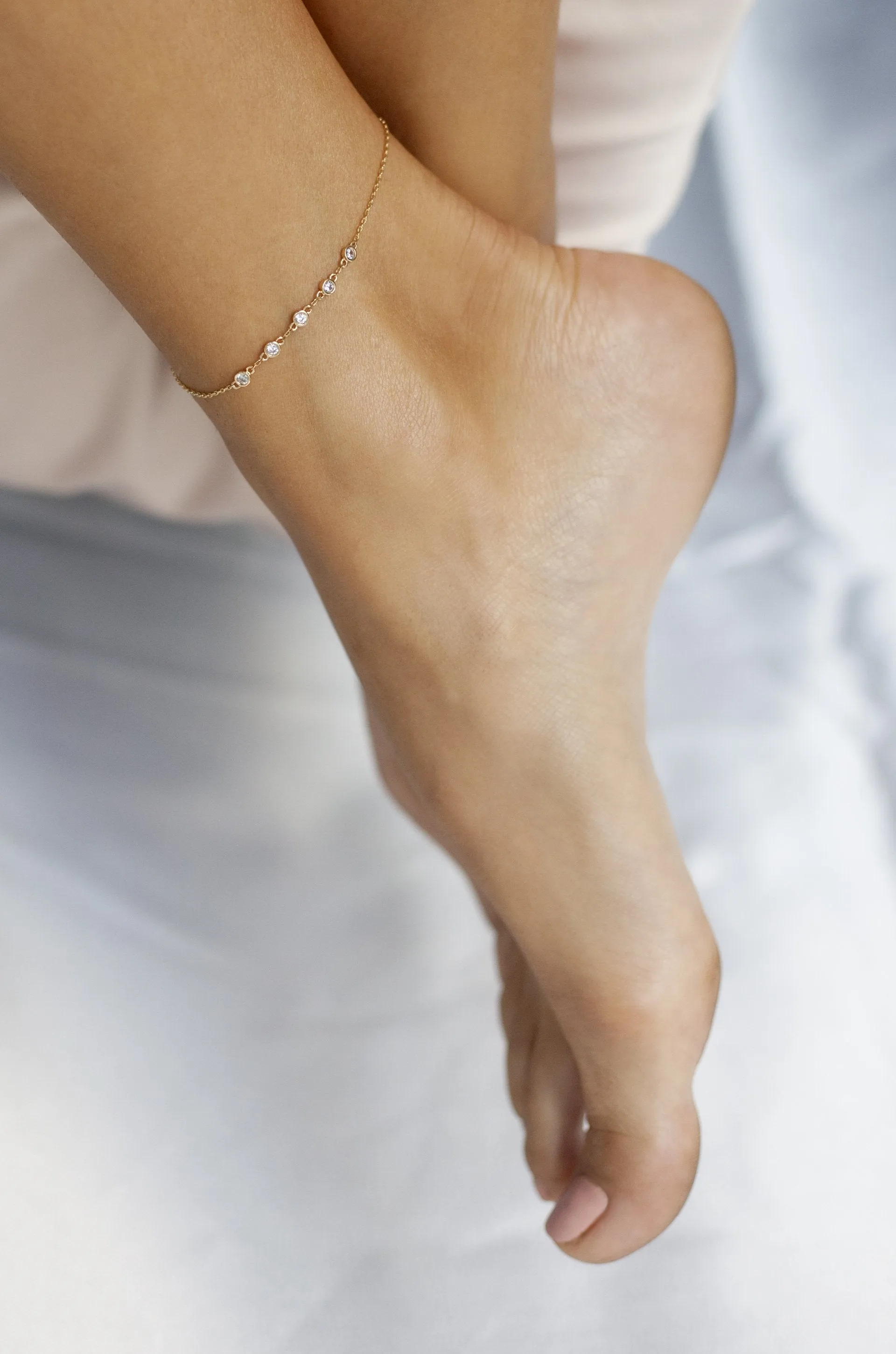 Dainty 18k Gold Plated Chain & Crystal Anklet Set of 2