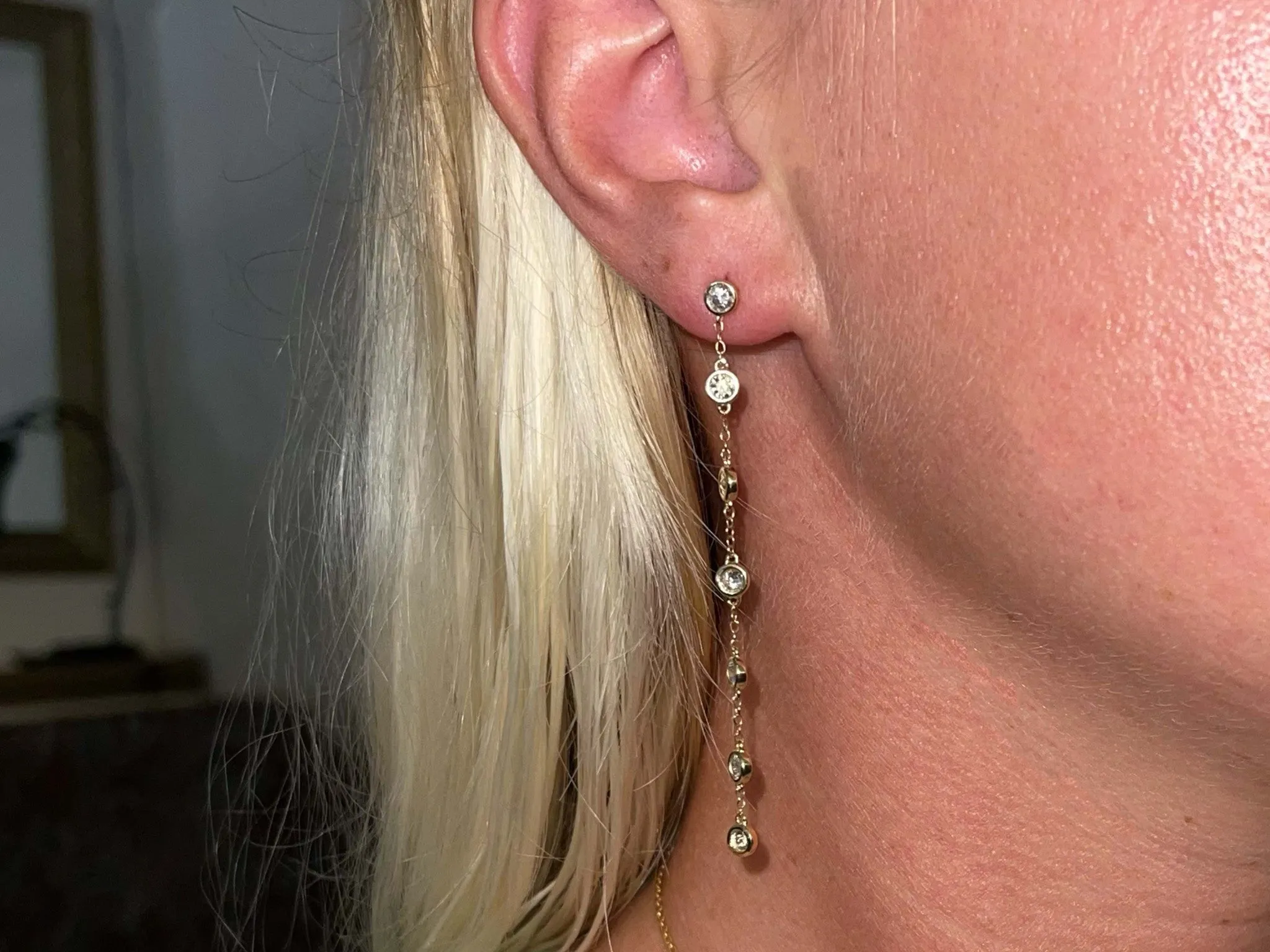 Dangly Bezel Set Diamond 14K Gold Earrings